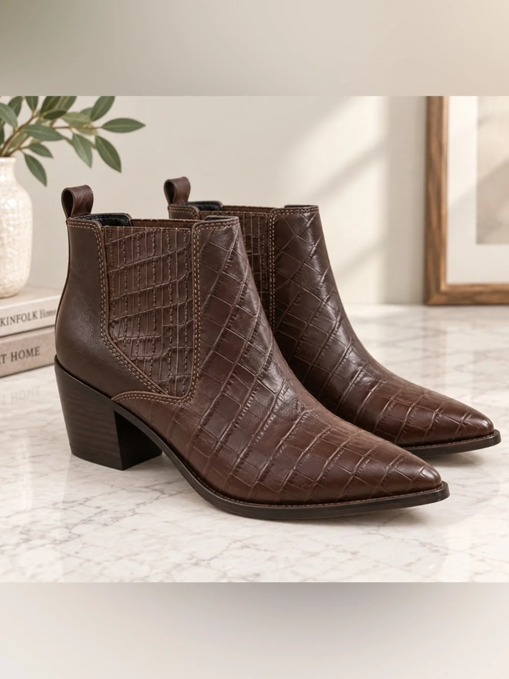 Marc Fisher Brown Croc-Embossed Ankle Booties with Block Heel sz8